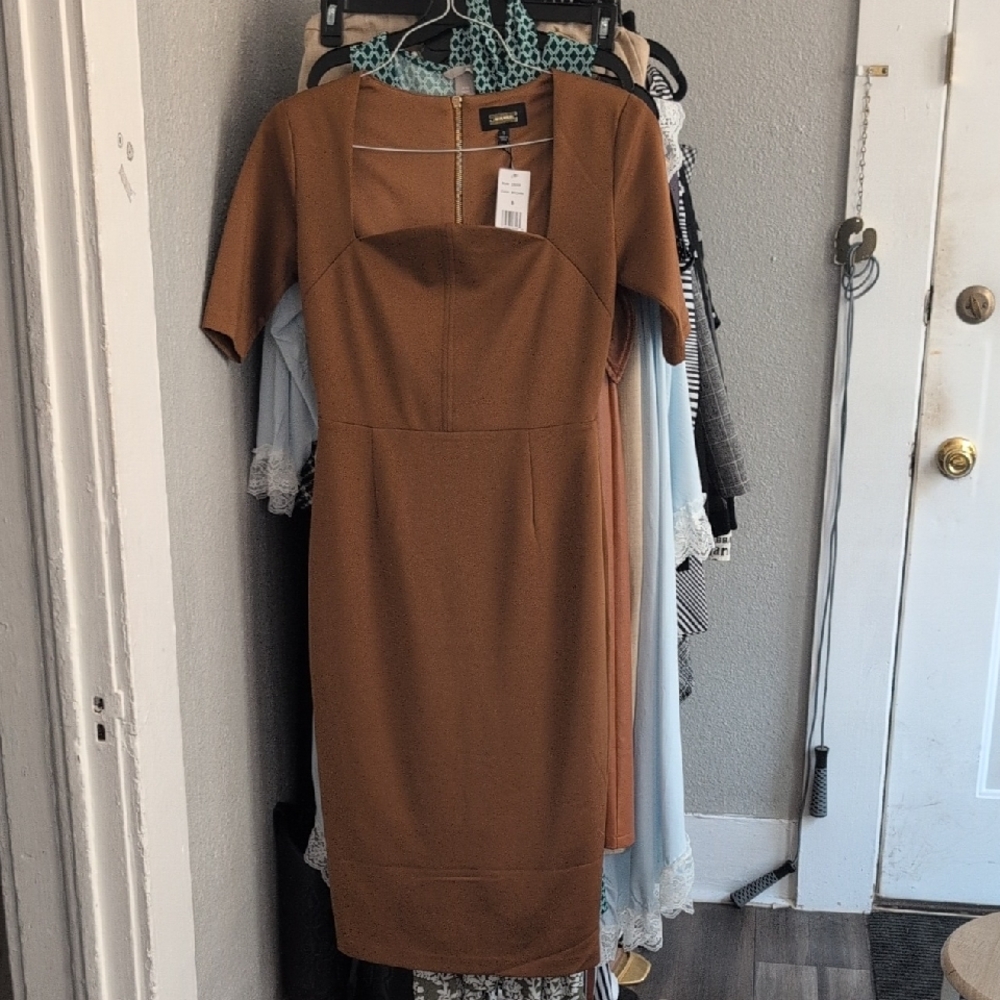 Alexia Admor Brown Sheath Midi Dress Square Neck Sleeveless